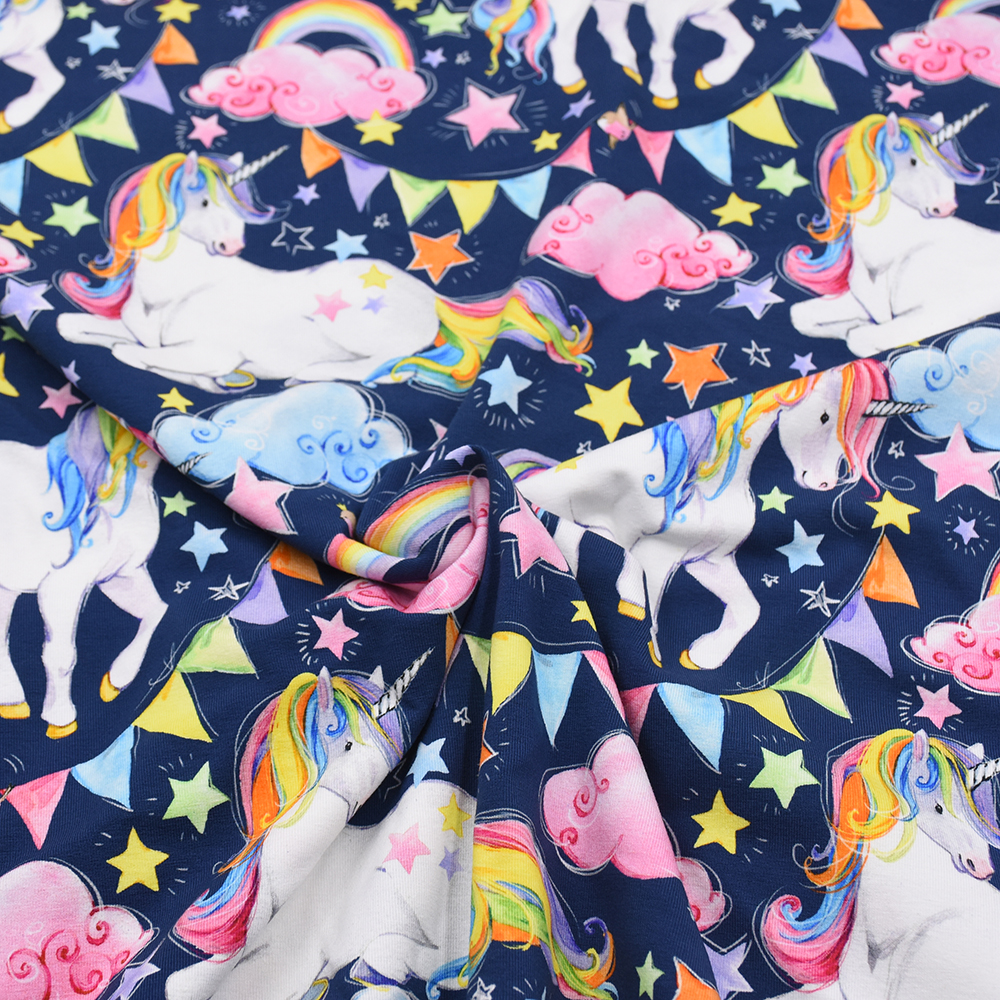 Cotton Lycra-Unicorns Rainbow Flags - QG Farbic